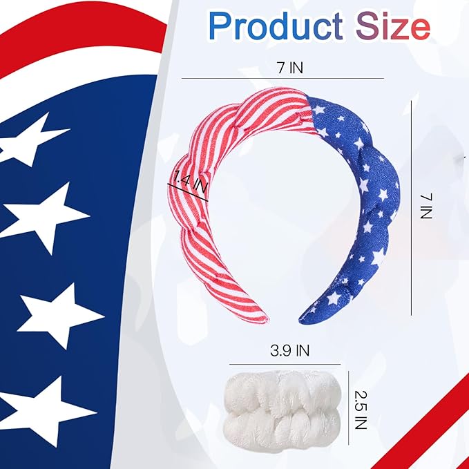 Beleki Spa Headband for Washing Face Wristband Set Sponge Makeup Skincare Headband Terry Cloth Bubble Puffy Hairband Non Slip Patriotic Hair Accessory for Women - 4th of July