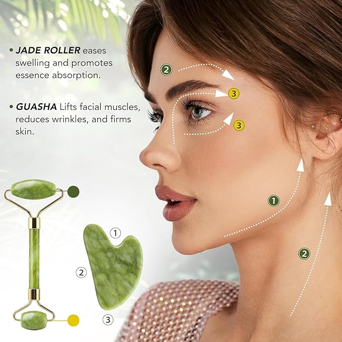 huefull Genuine Jade Roller & Gua Sha Set for Face, Cooling & Firming Effect, Sculpting Tool for Jawline & Skin Care, Self-Care Gifts for Women & Men