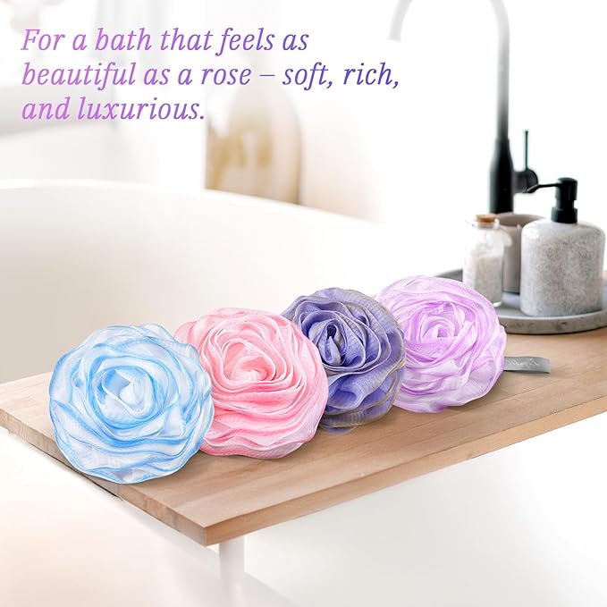 LAYUKI Bath Loofah, Shower Sponge, Body Scrubber, Rose-Shaped, Elegant (Set of 4 Pieces)