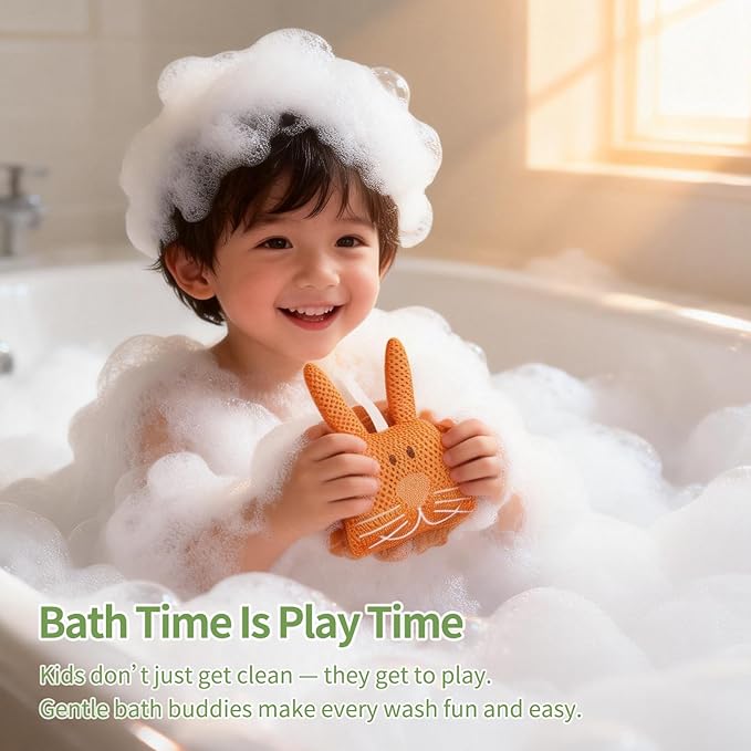 Kids Loofah,Cute Octopus & Bear Bath Sponge,Double-Layer Soft Mesh Loofah for Kids,Gentle Exfoliating Body Scrubber with Rich Foam for Boys & Girls