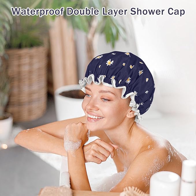 Waterproof Shower Caps for Women, Pattern And Solid Color Dual-Layer Design For Dual-Layer Usable, Protects Hair In Shower, Cooking, Spa, Clean & Travel (Daisy Blue)