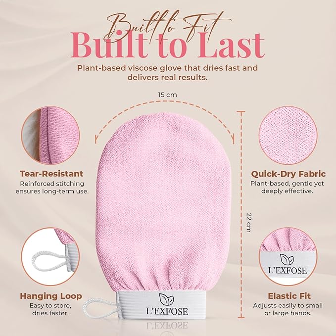 L'Exfose Kessa Hammam Deep Exfoliating Glove for Shower - Korean Exfoliating Mitt Body Scrubber Ideal for Dead Skin Remover, Keratosis Pilaris & Self-Tanning (Black & Pink)