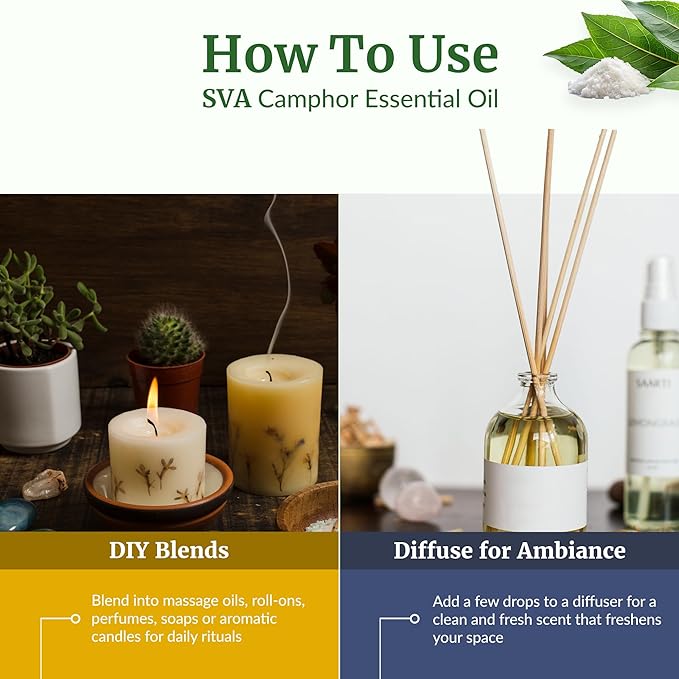 SVA Camphor Essential Oil – 16 Fl Oz – 100% Natural Camphor Oil - for Diffuser, Hair Care, Face, Skin Care, Aromatherapy, Scalp and Body Massage, Soap and Candle Making