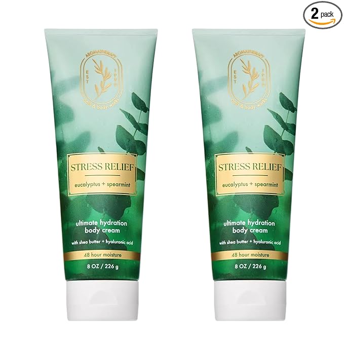 Bath & Body Works Eucalyptus Spearmint Aromatherapy Body Cream, Ultimate Hydration Moisturizer for Stress Relief with Shea Butter & Hyaluronic Acid for Dry Skin, 8 fl oz - 2 Pack