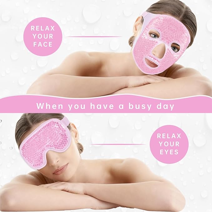 ZNÖCUETÖD Face Eye Mask Ice Pack for Reducing Puffiness, Bags Under Eyes, Puffy Dark Circles, Migraine,Hot/Cold Pack with Soft Plush Backing (Pink-(1*Eye Mask+1*Face Mask))