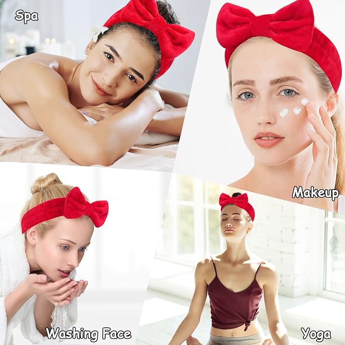 Casoty 12 Pcs Red Spa Headbands, Facewash Headbands, Soft Coral Fleece Makeup Hair band, Bow Hair Band for Face Washing Shower Skin Care Yoga