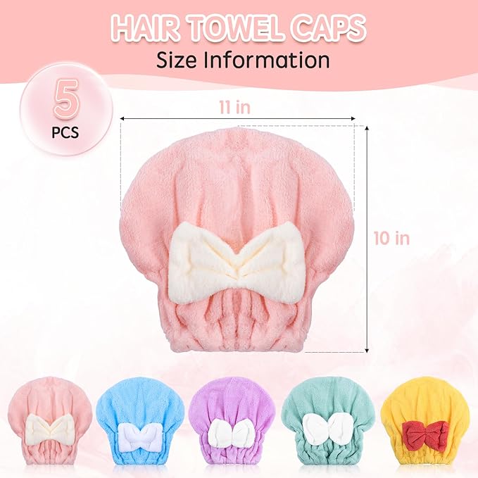 Microfiber Hair Drying Caps, 5-Pack Extra Soft and Ultra Absorbent Fast-Drying Hair Turban Wraps, Shower Caps for Girls and Women with Cute Bowtie Design（11" L x 10" W）