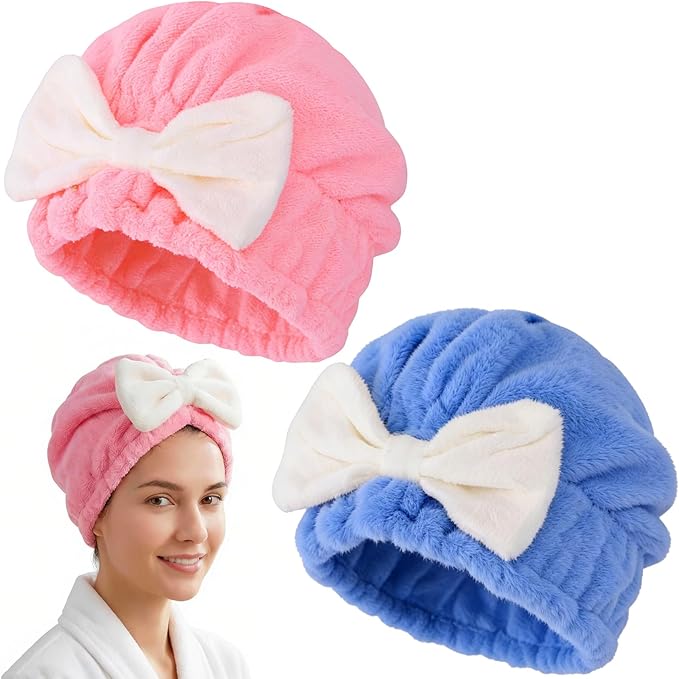 PAGOW 2pcs Microfiber Hair Towel, Pink Blue Ultra Soft Absorbent Hair Drying Towel Wrap with Bow, Fast Drying Shower Cap Hair Towel Wrap for Women Bathing Spa