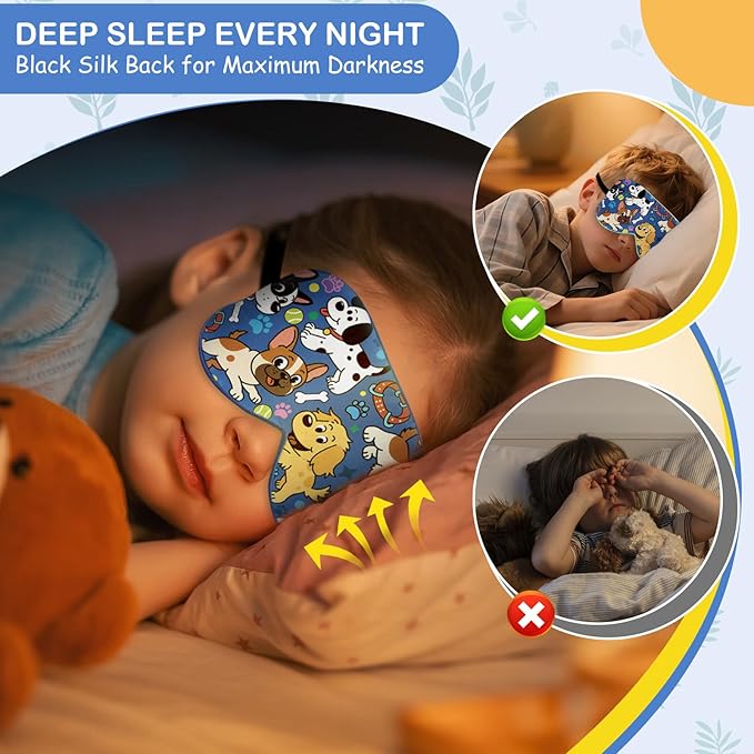 Kids Silk Sleep Mask: 100% Mulberry Silk Eye Mask with Adjustable Strap, Cute Sleeping Blindfold for Boys Girls Teens, Soft & Lightweight Eye Shade for Travel, Nap, Bedtime (Dogs Style)