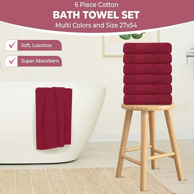 KAHAF COLLECTION 6 Pack Bath Towels Set (27 x 54 Inches) 100% Ring Spun Cotton, Lightweight, Quick Dry, Highly Absorbent Towels (Burgundy, (27x54) Inches)