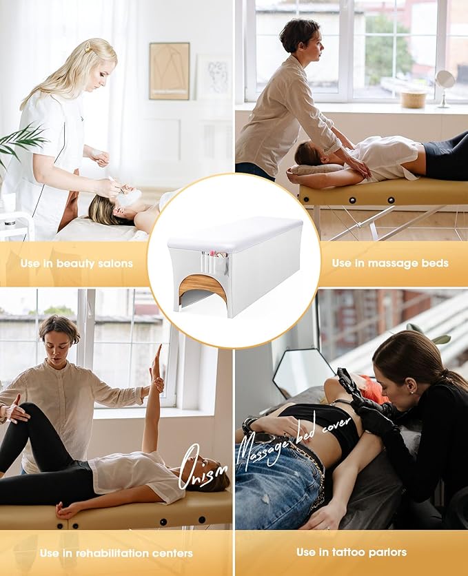 Onism Lash Bed Cover for Eyelash Extensions - Professional 6ft Massage Table Cover with Side Storage Pocket, Waterproof PU Leather & Stretchy Spandex Sides, Wipeable Spa Bed Sheets (White)