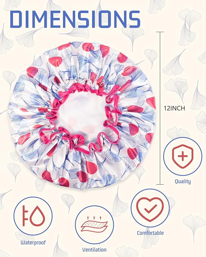 Aquior Shower Caps, Reusable Shower Cap for Women, Double Layer Waterproof Hair Cap, Microfiber Large Size for All Hair Lengths,for Girls Spa Home Salon Use (Red-Tulip)