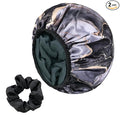 Black Marble Print Satin Shower Cap, Three-Layer Terry Cloth Lined, with Silk Hair Ties, Microfiber Waterproof Reusable Large Size Shower Cap for Women Long Thick Hair