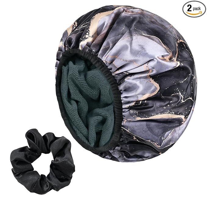 Black Marble Print Satin Shower Cap, Three-Layer Terry Cloth Lined, with Silk Hair Ties, Microfiber Waterproof Reusable Large Size Shower Cap for Women Long Thick Hair