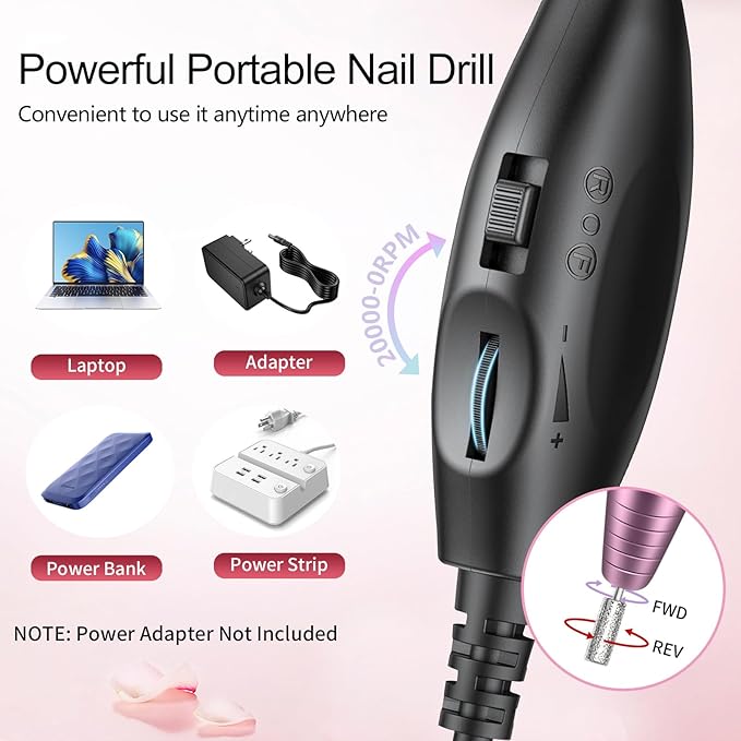 Melodly Electric Nail Drill, Professional Acrylic Nail Drills Machine for Gel, Acrylic Nails, Portable USB Electric Nail File Efile Set with Iridescent Nail Drill Bits, Manicure Pedicure Nail Tools