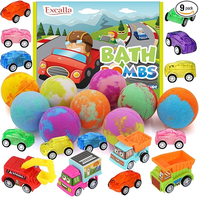 Bath Bombs for Kids with Toys Inside, 9 Pack Handmde Bath Bombs Set with Pull-Back Cars Inside, Rich Foam Color Bubble Set Boys Girls for Skin Moisturizing