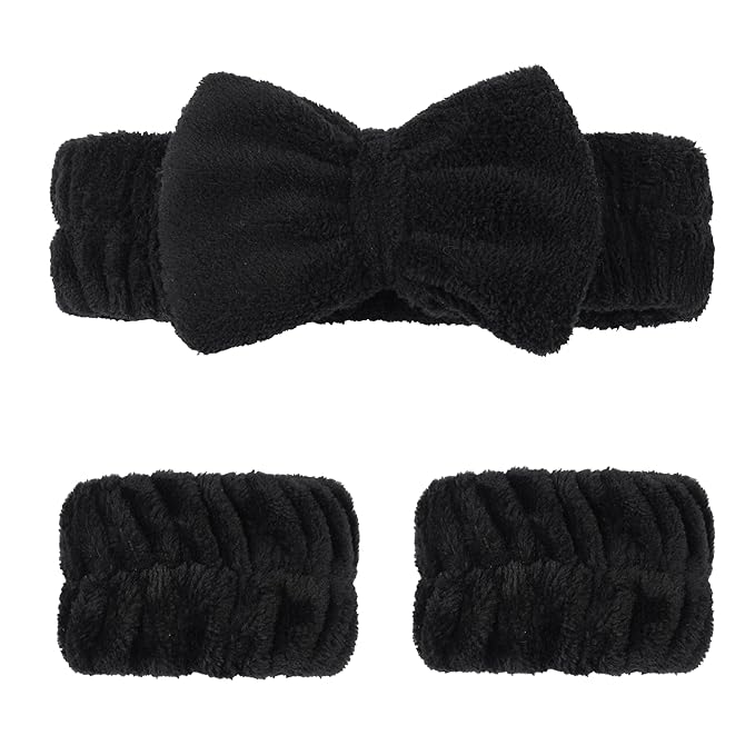 Ayesha Spa Headband and Wristband Set for Skincare Washing Face,Makeup Headband Wrist Cuffs for Preppy Skincare Women Girl(Black set)