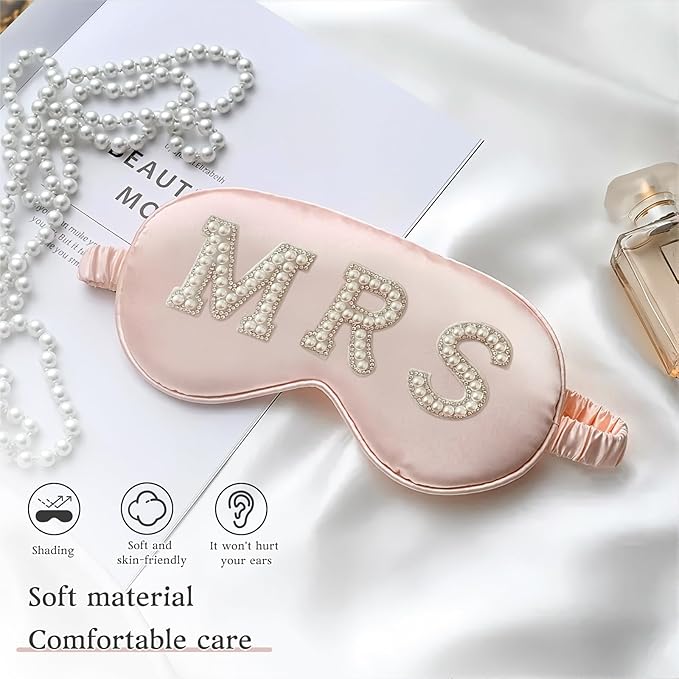 Bride Sleep Mask, Bride Eye Mask, Mrs Satin Bridal Eye Maskes Soft Sleep Maskes for Honeymoon Travel Meditation, Mrs Pearl Bridal Gifts to Adjust Night Sleeping, Sleeping Masks for Wedding (Pink-Mrs)