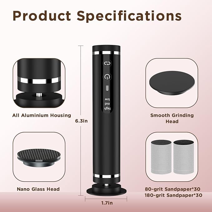 Electric Foot Callus Remover with Nano-Glass Head & 60Pcs Sandpaper Discs, 3 Hours Run Time, Electric Callus Remover for Feet with 3 Adjustable Speeds, Pedicure Tools for Dry Dead Skin Cracked Heels