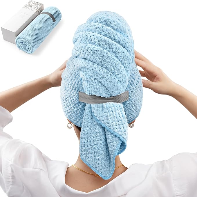 YFONG Large Hair Towel Wrap for Women, Super Absorbent Microfiber Hair Towel for Curly Hair, Fast Drying Hair Turbans with Elastic,Hair Drying Towel Wrap for Hair Care 26.3" X 40" (Blue)
