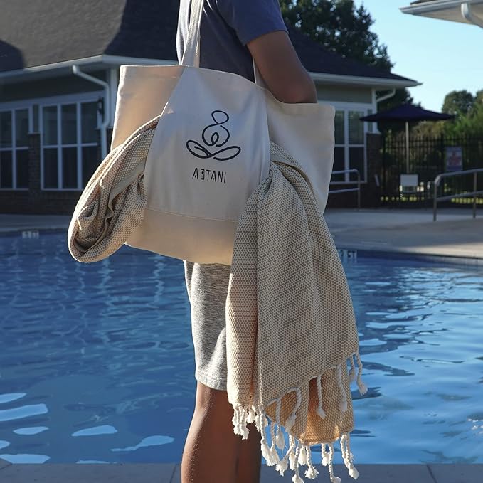 ATANI 69x35 in Oversized Turkish Beach Towel Set with Tote Bag – Quick-Dry 100% Turkish Cotton Peshtemal, Sand-Resistant, Lightweight for Shower, Travel, Pool, Yoga (Yellow)