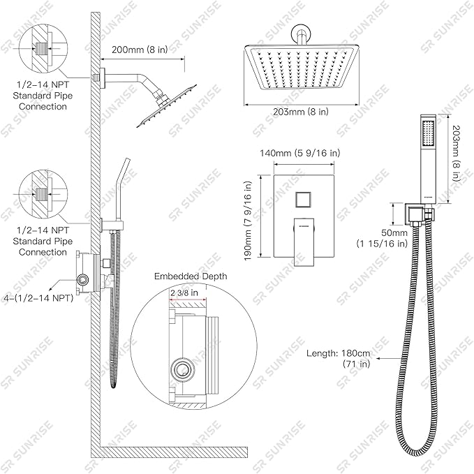SR SUN RISE Shower System - Shower Faucet Set with 8 Inch Rain Shower Head and Handheld Shower - High Pressure Rain Shower System - All Metal Shower Faucet Trim Repair Kits - Brushed Gold