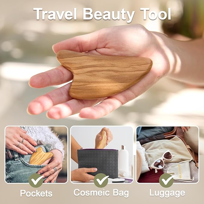 Gua Sha Tool for Face - Natural Facial Massager for Lymphatic Drainage, Jawline Sculpting & Puffiness Reducing, Full-Body Massage Tools for Pain Relief, Mothers Day Gifts(Olive Wood)