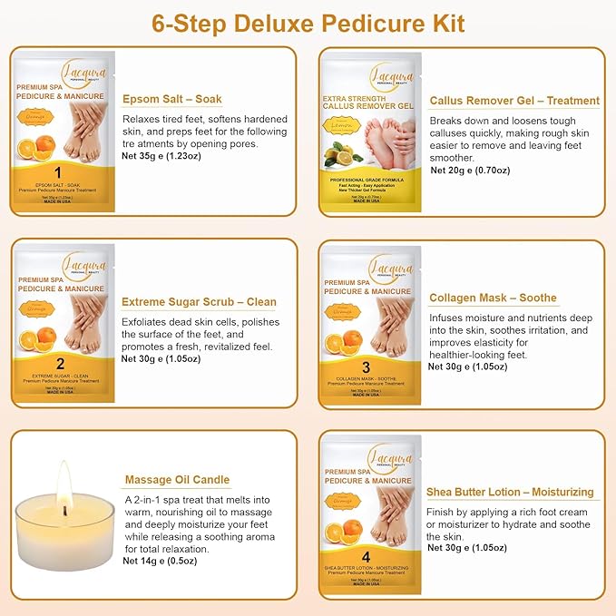 Deluxe 6 Step Pedicure Kit with Massage Oil Candle, Epsom Salt, Callus Remover Gel, Collagen Mask & Shea Butter Lotion + Disposable Pedicure Kit, Liner & Slippers (01 Set, Orange)