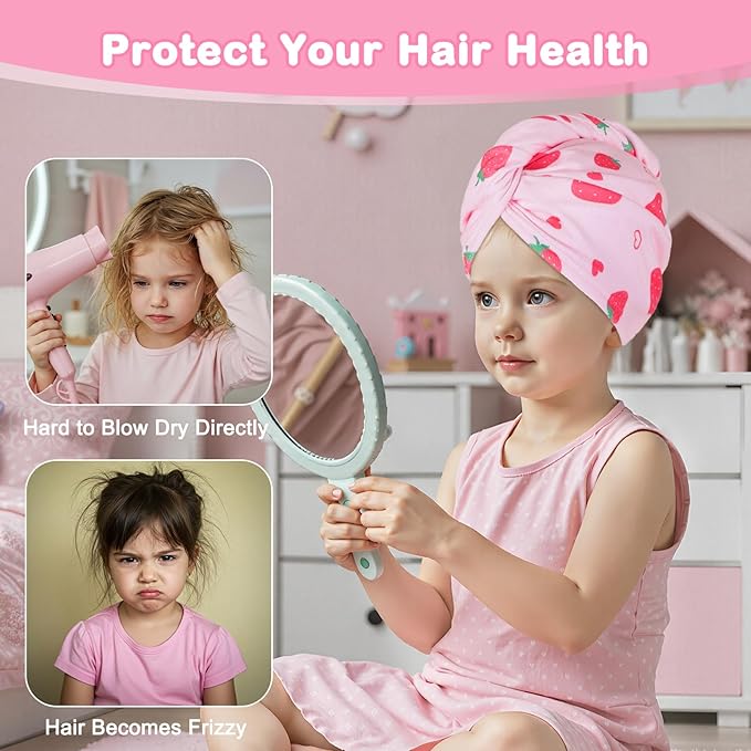 FIOBEE Microfiber Hair Towel Wrap for Kid Rapid Drying Towel Absorbent Hair Turbans for Wet Hair with Button Women Girls Long Curly Hair Pack of 2, Pink Strawberry