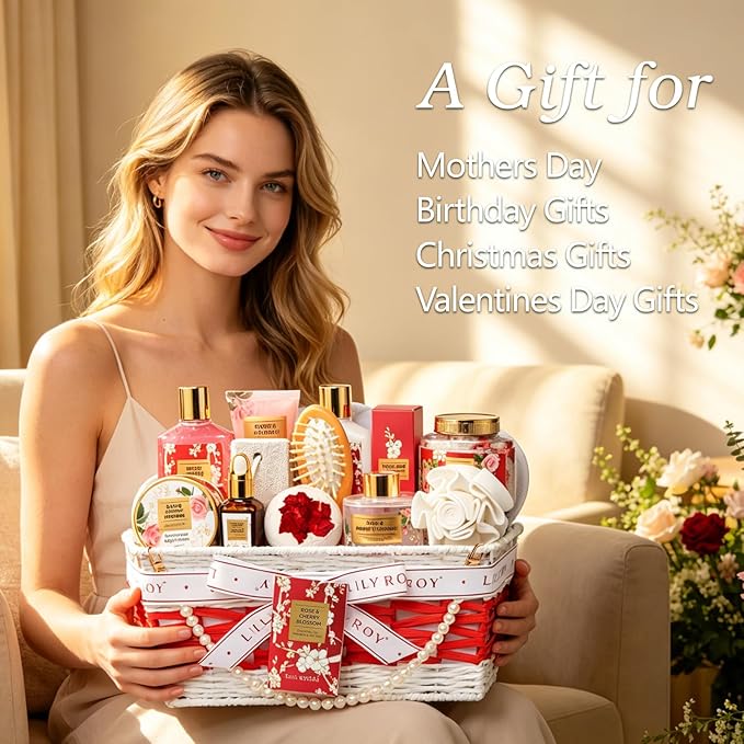Mother‘s Day Gift Basket for Women, Gifts for Women - Rose Spa Gift Basket for Women, Bath and Body Gift Sets for Mom, Skin Care Set for Women | Spa Kit, Gifts for Christmas, Valentines Day, Birthday