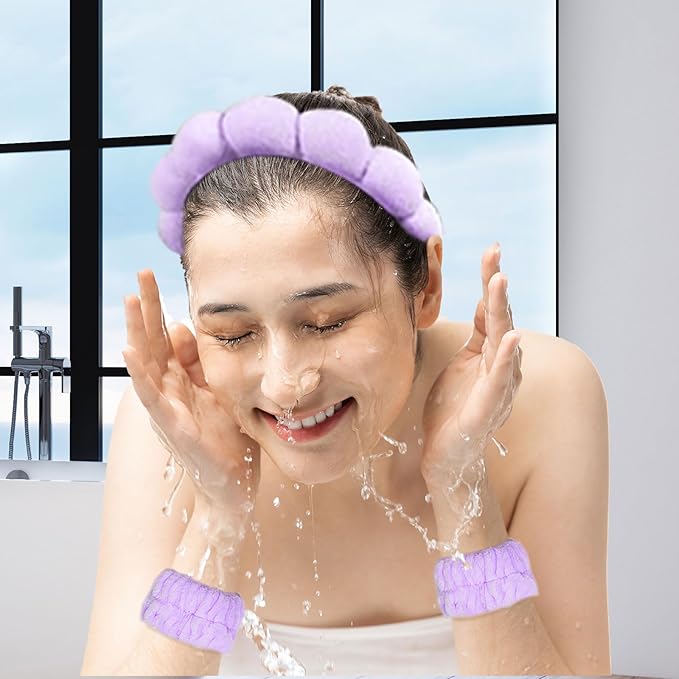Beleki Spa Headband for Washing and Wristband Set Sponge Headband Women Face Wash Makeup Skincare Non Slip Puffy Headwear Thick Hair Accessories for Women Girls, Purple