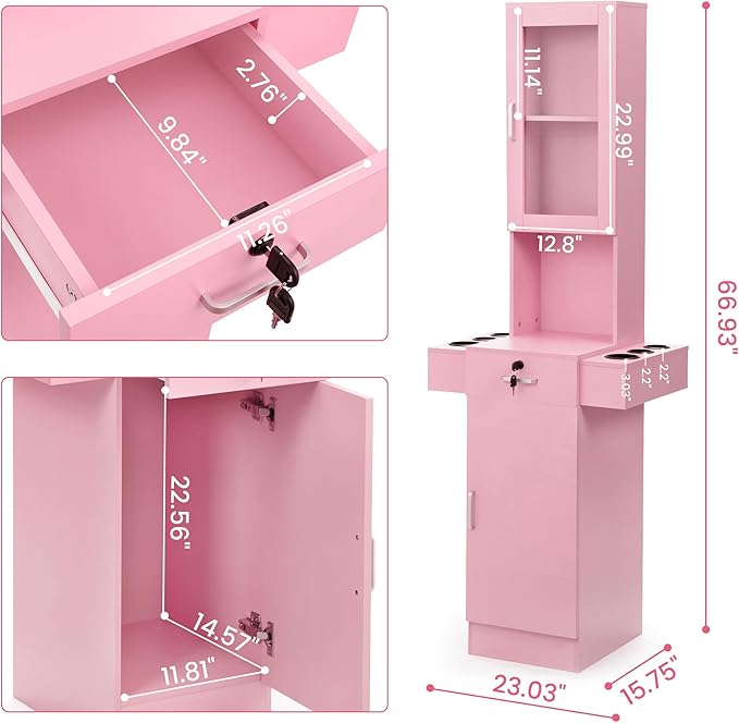 RESHABLE Salon Station for Hair Stylist,Hair Styling Storage Cabinet with Glass Door,Tool Dryer Holders, Salon Beauty Spa Barber Hair Staion, Pink