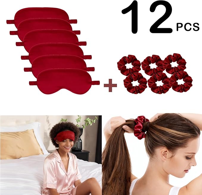 12Pcs Silk Sleep Masks Satin Eye Mask Silky Eyes Cover Blindfold Eyeshade Hair Ties Scrunchy Travel Bridesmaids Gifts