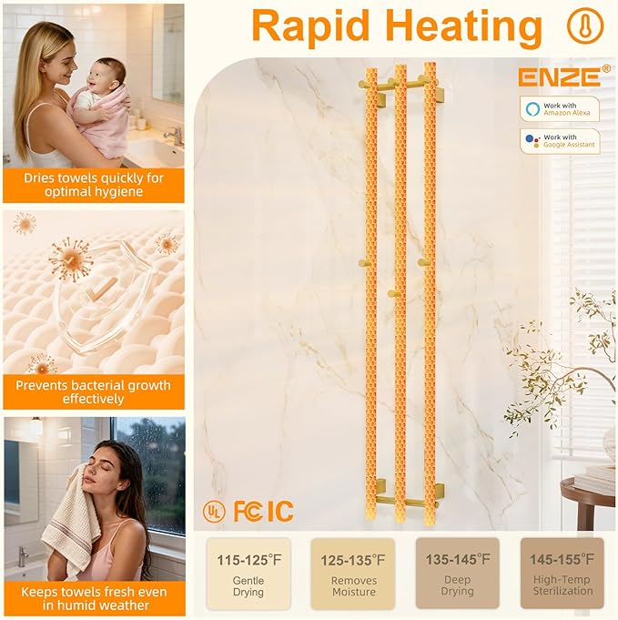 ENZE Smart Heated Towel Rack, Wall Mounted Electric Towel Warmer 220W for Bathroom, WiFi App Control, LED Touch Screen, Adjustable Temperature, 24H Timer, Vertical Model, IPX5, Plug-in/Hardwired, Gold