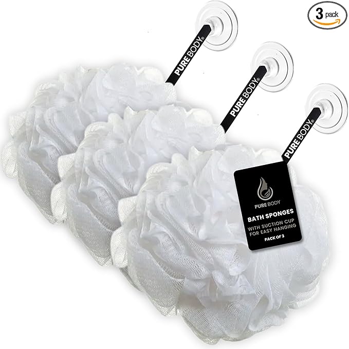 Large White Bath Sponge Pack of 3 – Gentle Exfoliation Loofahs with Suction Cup for Easy Drying, Soft 70G Mesh Poufs for All Skin Types, Luxurious Lather for Daily Use