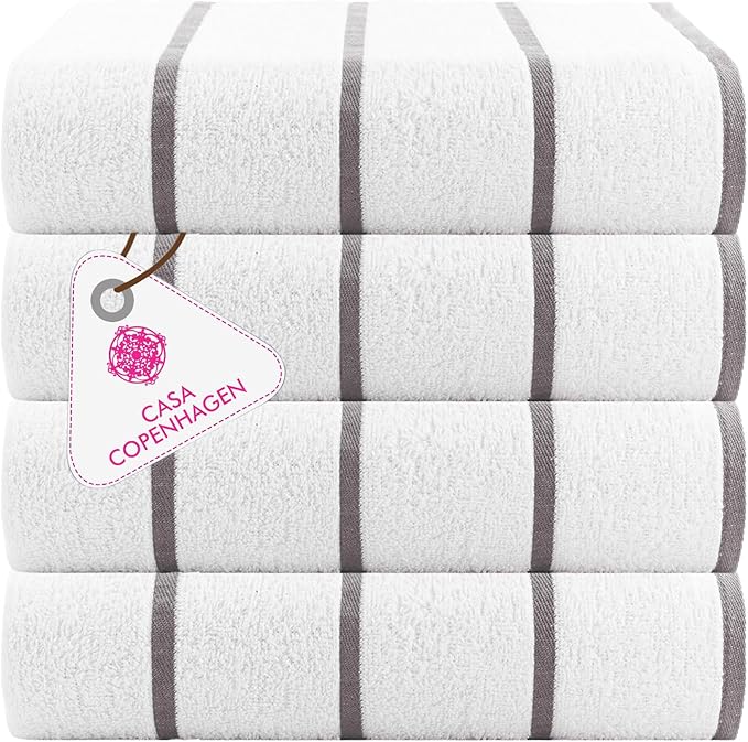 CASA COPENHAGEN Cabana Pool 4Pcs 100% Egyptian Cotton Large Designer Beach Towels Gift Set- White Silver, 500GSM, 55"x27", 4 Beach Bath Towels (Box Pack, Set for Women & Men)