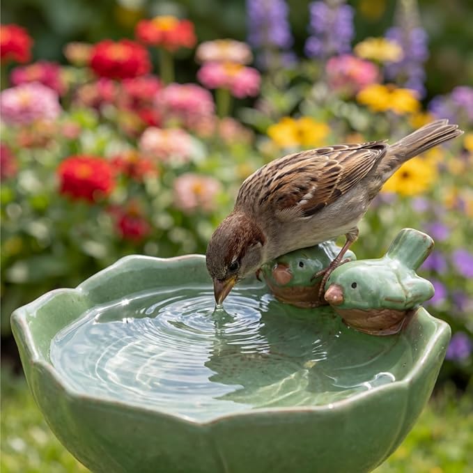 2 Pack Ceramic Bird Bath for Outdoors, 5.5" Ground Birds Bath Bowl for Outside, Heavy Duty Wild Bird Feeders, Feeding Tray Food Holder for Balcony Garden Lawn Patio Decor Tabletop, Green