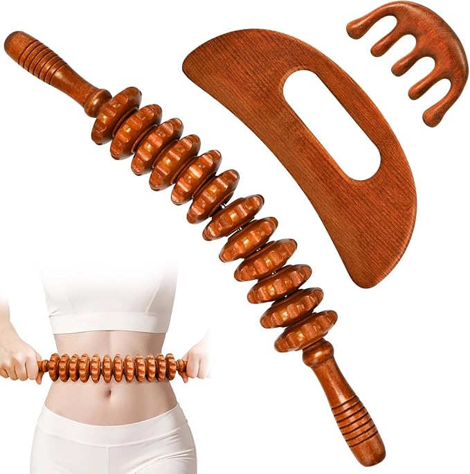 3-in-1 Wood Therapy Massage Tools Wooden Gua Sha Lymphatic Drainage Massager Body Sculpting Tools, Maderoterapia Kit, Anti-Cellulite