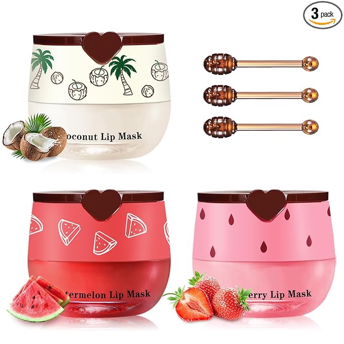 Honey Pot Lip Balm,3PCS Coconut Watermelon Strawberry Lip Balm,Moisturizing and Repair Bee Lip Balm Honey Pot,Prevention Dry and Crack Lip Mask Overnight