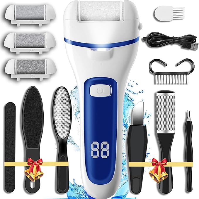 Callus Remover for Feet, 13-in-1 Professional Pedicure Tools Foot Care Kit, Foot Scrubber Electric Feet File Pedi for Hard Cracked Dry Dead Skin, 3 Rollers, 2 Speed, Battery Display (White&Blue)