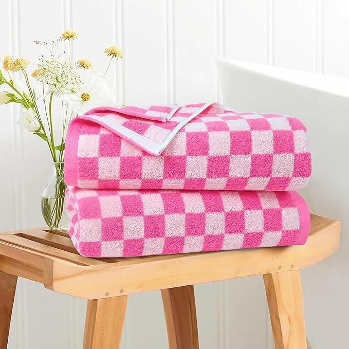 Jacquotha Hot-Pink Checkered Cotton Bath Towels Set of 2 - Cute Aesthetic Bathroom Towels for Women Girls Teens, Bathroom Decor 27.5" x 55"