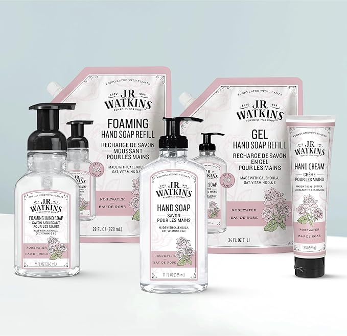 J.R. Watkins Natural Moisturizing Hand Cream, Hydrating Hand Moisturizer with Shea Butter, Cocoa Butter, and Avocado Oil, Cruelty Free, 3.3oz, Rosewater, 3 Pack