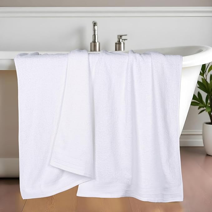 Superior Honeycomb Cotton Medium Weight Towels, for Bathroom, Shower, Spa, Pool, Quick Dry, Adults, Home Essentials, Textured Waffle Border, Oversized Large Towels, Bath Sheets, Set of 2, White