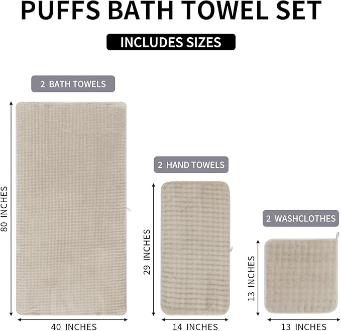 KBY Bath Towels Set 6 Piece 40x80 Inches，2 Extra Large Bath Sheets 2 Hand Towels 2 Washcloths，Highly Absorbent Quick Dry Microfiber,Ultra Soft Towel Set for Bathroom，Spa，Gym， Hotel (Beige)
