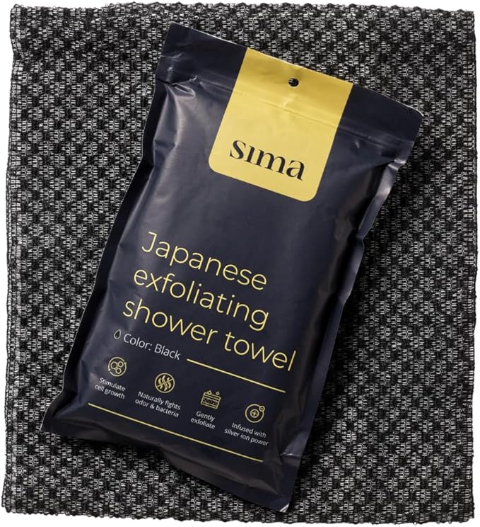 Sima Brand Exfoliating Washcloth Face & Body Scrub Towel - Japanese Exfoliating Towel with Hexagon Fibers, Body Scrubber with 2 Sides for Scrubbing & Washing, Extra Long Towels (Black, 2 Pack)