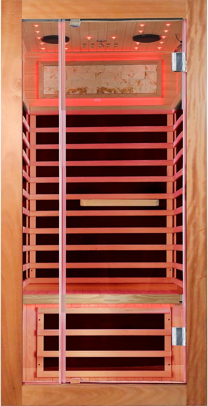 OUTEXER Sauna One Person Far Infrared Saunas Room African Mahogany Wood 1350W Dry Saunas Spa with 7 Starry Sky Light Wood Wax Oil on Outer Surface 35.4 * 35.4 * 70.9inch