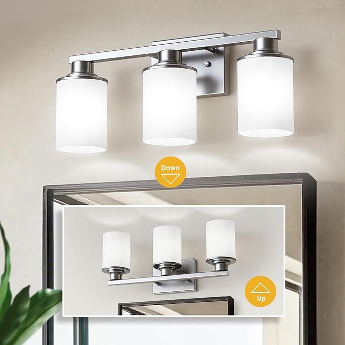 L LOHAS LED Brushed Nickel Bathroom Light Fixtures, 3-Light Vanity Light Over Mirror, Wall Sconces with Milky White Frosted Glass Shades for Bedroom, ETL Listed
