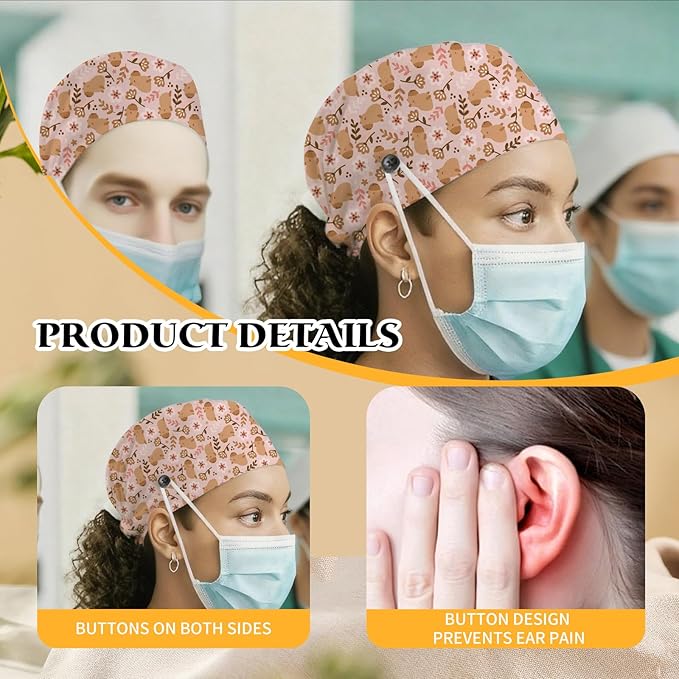 Adjustable Scrub Cap with Buttons & Sweatband, Working Hat with Elastic Tie Back, Unisex Nurse Surgical Caps for Women & Men