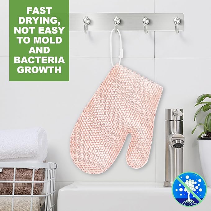 Exfoliating Glove Bath Mitt -Exfoliating Gloves for Shower, Body Scrubber for Deep Cleansing, Quick Drying Bath Gloves (Pink)