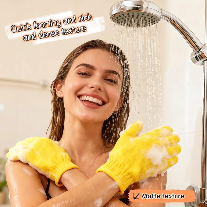 Exfoliating Shower Gloves, 2 Pairs Reinforced Nylon Bath Scrubbing Mitts, Orange and Yellow, One Size Fits All, Body Cleansing Massage